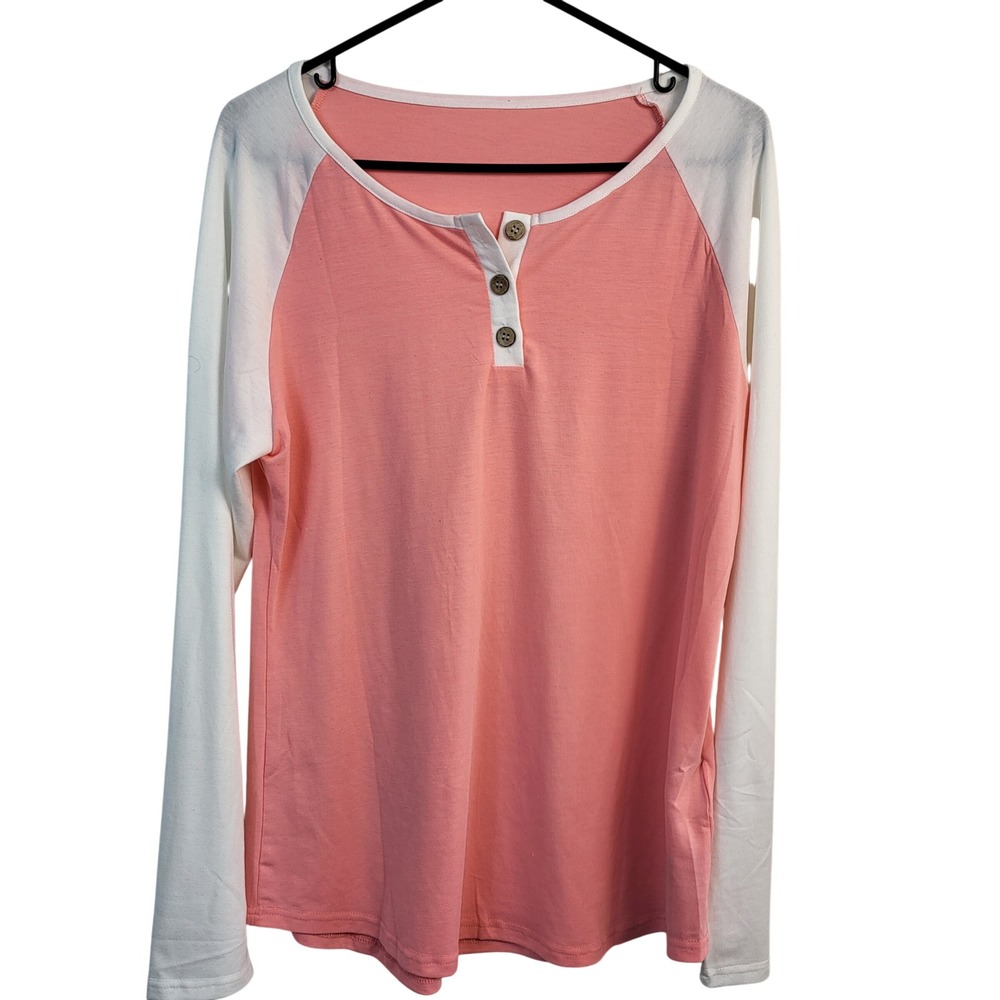 Womens Medium Pink White Raglan Henley Top Button Front Long Sleeve Stretch NWT